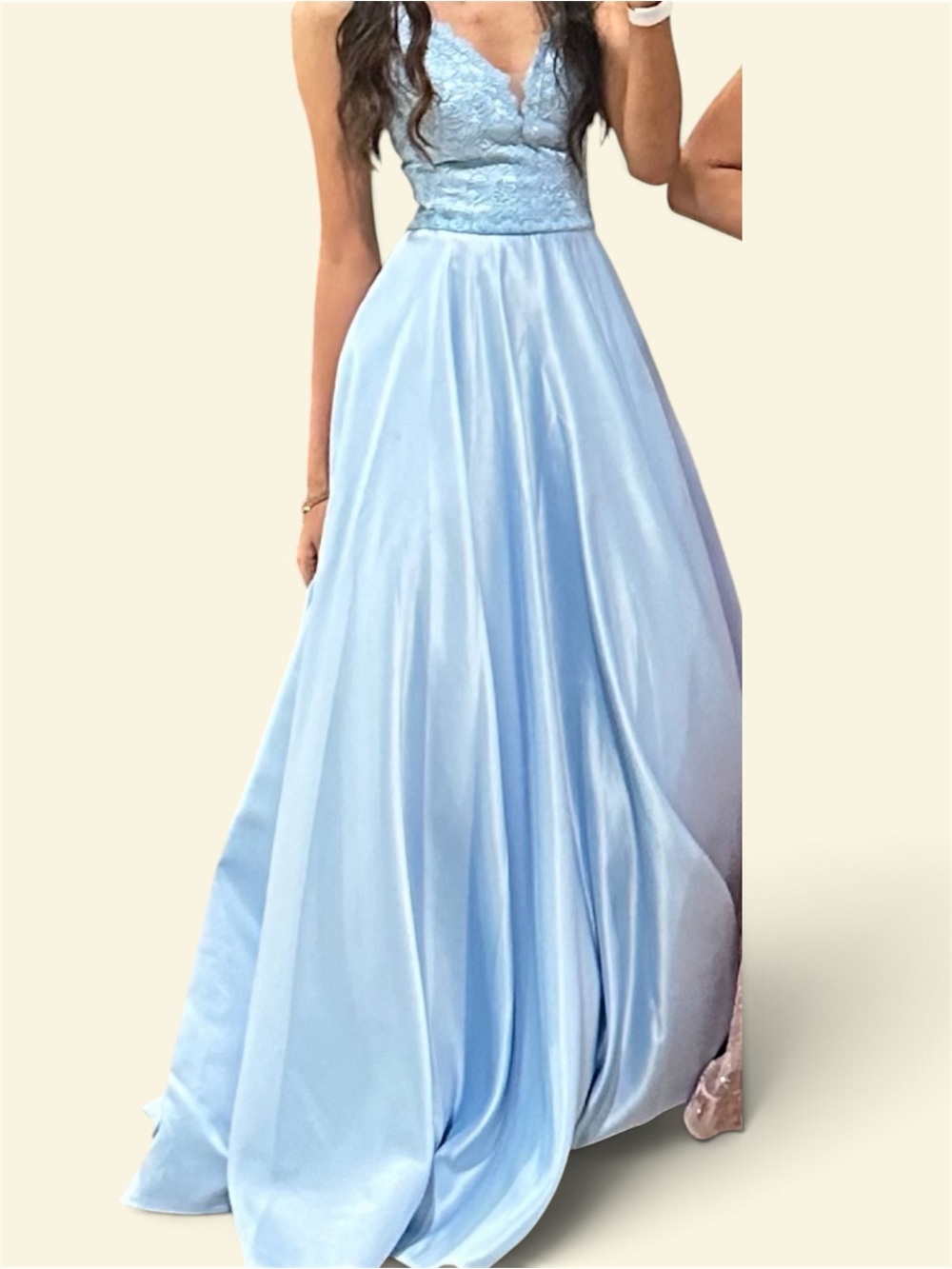 Elegant Light Blue Lace Bodice Evening Gown